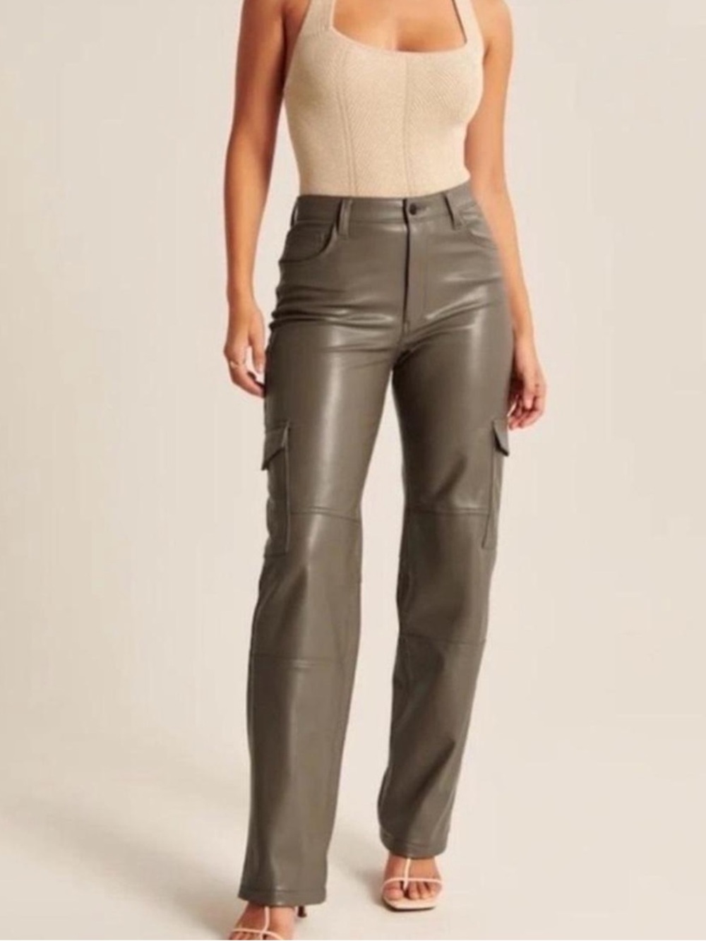 Abercrombie & Fitch Olive Faux Leather Wide-Leg Cargo Pants curve love
